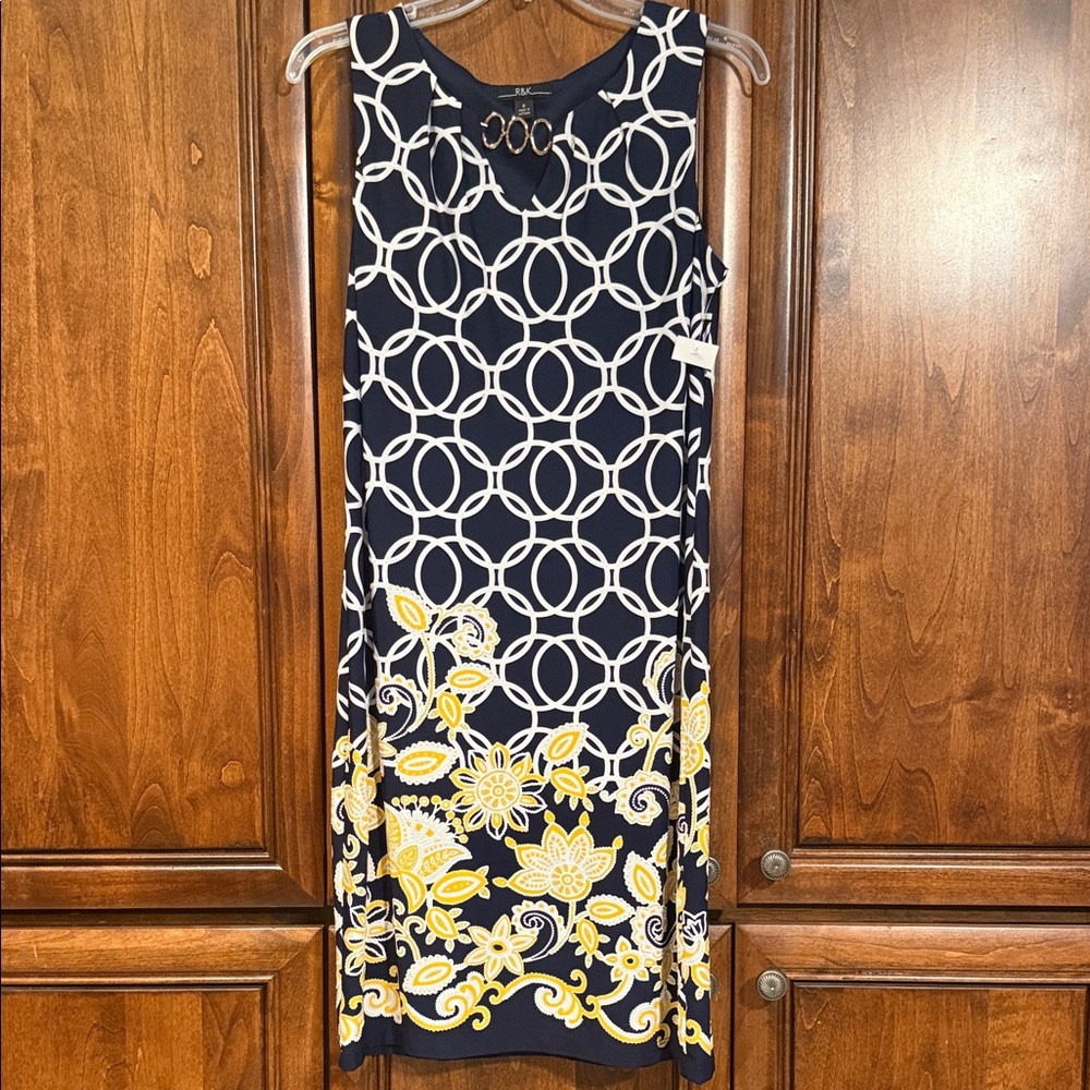 R & K Navy and Yellow Sleeveless Shift Dress